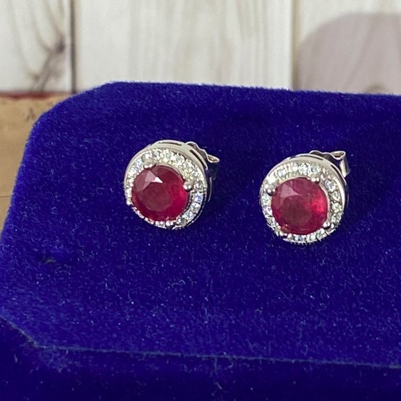Elegant Round Faceted 6.5mm Nice 3/5 Carat Each Red Ruby Earrings - Picture 3 of 7